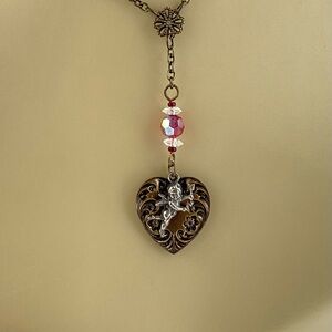 Heart & Cherub Pendant Necklace, Reversible, Victorian Look, Antique Brass